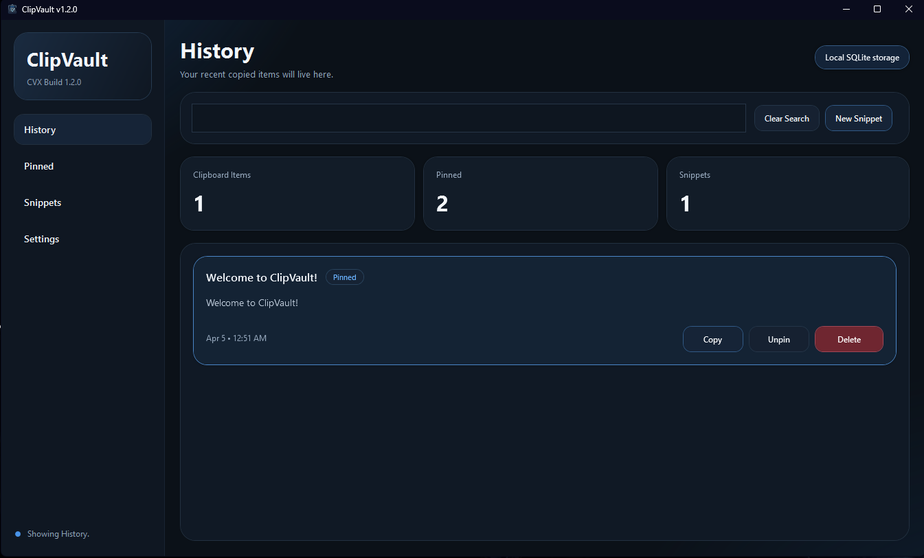 ClipVault main window screenshot