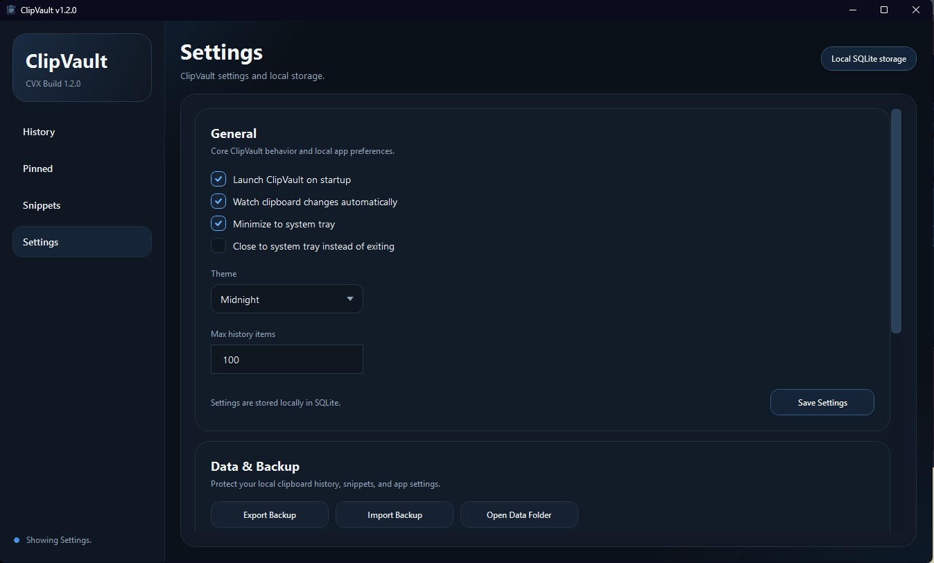 ClipVault settings screenshot