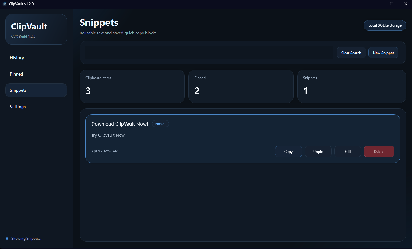 ClipVault snippets screenshot